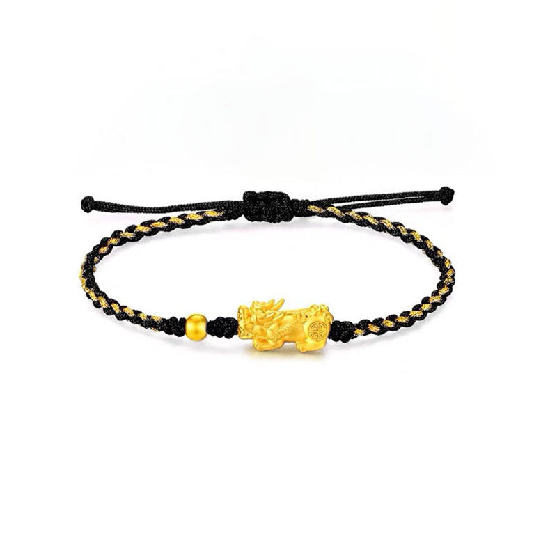 Black string bracelet with gold plated Pixiu charm for wealth attraction and money energy flow