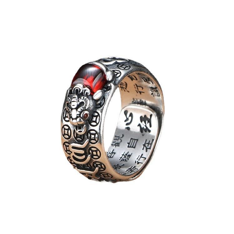 Silver Pixiu ring with red garnet for wealth attraction, a feng shui bracelet for men and women