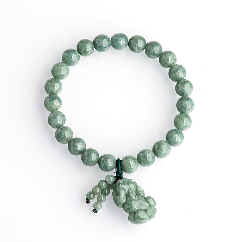 Jadeite Pixiu bracelet for wealth attraction, featuring a green jade stone charm and beaded design for women