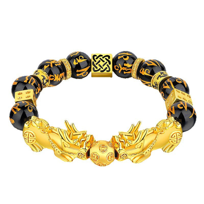 Black obsidian beaded bracelet with two gold plated Pixiu charms for wealth attraction and energy protection