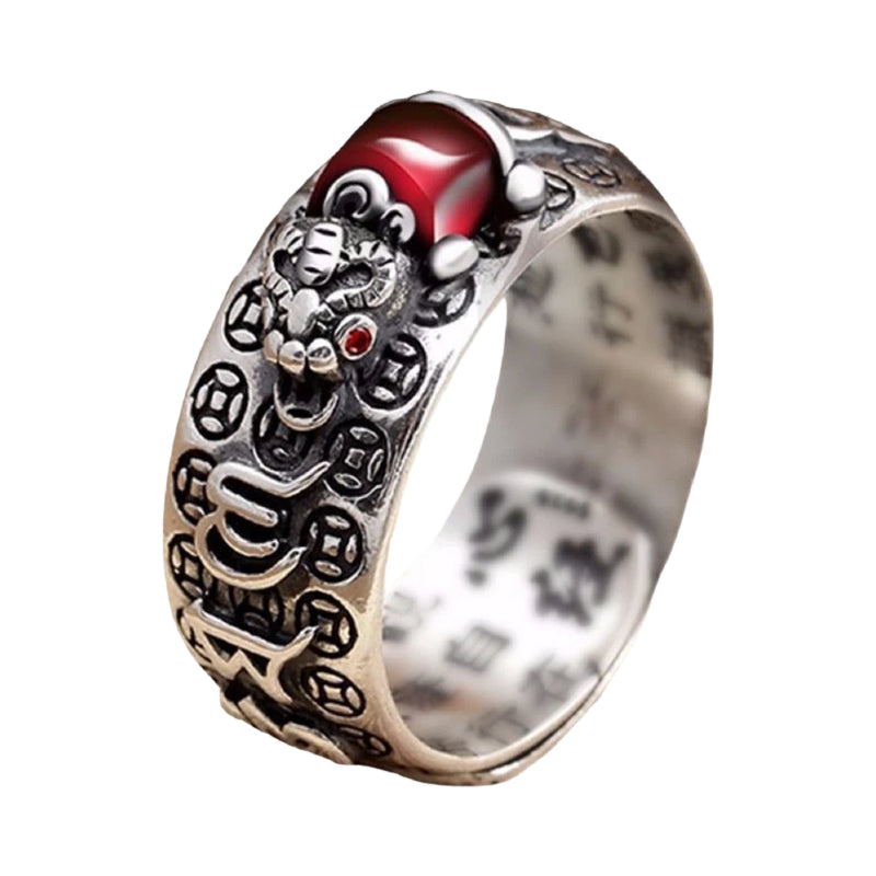 Silver plated Pixiu ring for wealth manifestation, with a gold plated accent and symbolic energy flow charm.