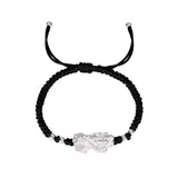 Black string bracelet with silver plated Pixiu charm, a feng shui accessory for attracting wealth