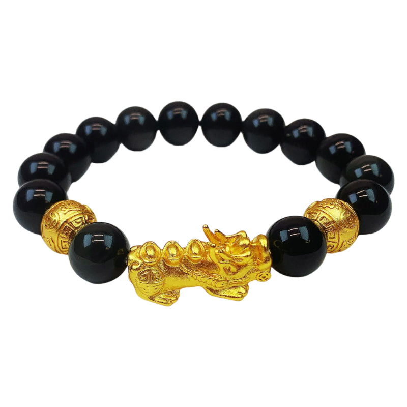 Beaded black obsidian bracelet for men, showcasing a detailed gold plated Pixiu charm for attracting wealth.