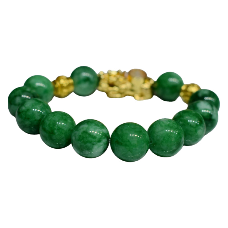 Men's beaded bracelet with green jade beads and a gold plated Pixiu charm for attracting wealth