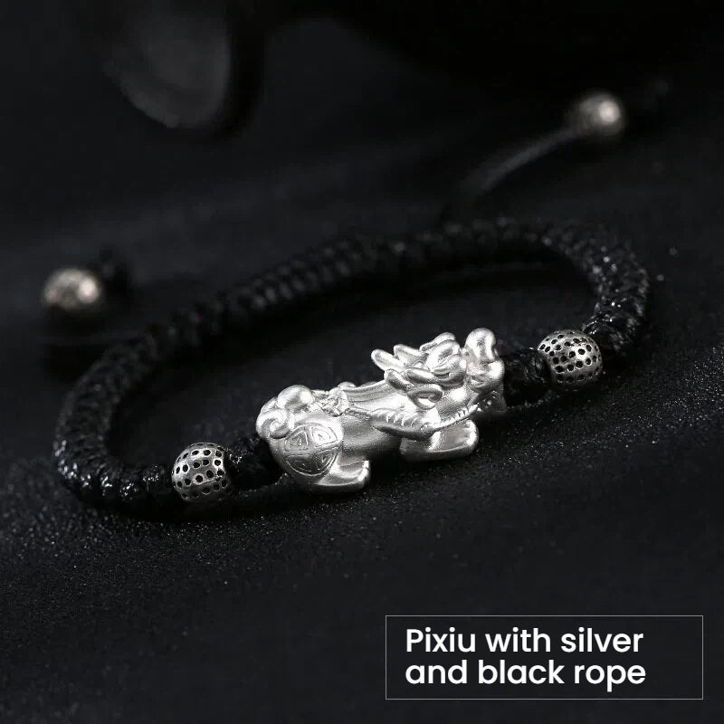 Black cord bracelet with silver Pixiu charm for attracting wealth and prosperity