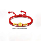Gold coin and red string bracelet for wealth manifestation, a Feng Shui beaded accessory for attracting prosperity.