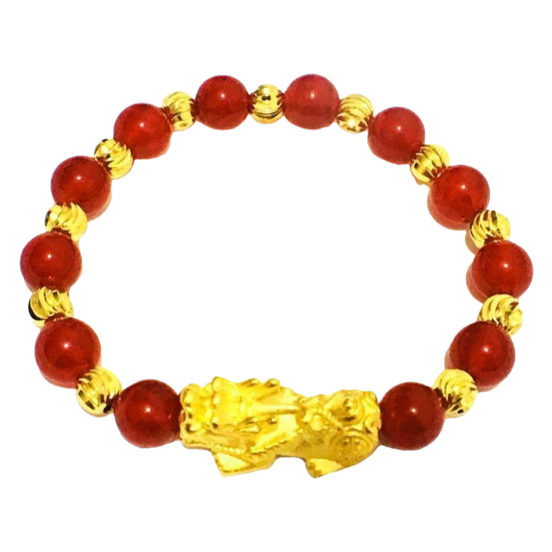 Wealth attraction bracelet with red agate beads and a detailed Pixiu charm in gold plated finish for men and women.