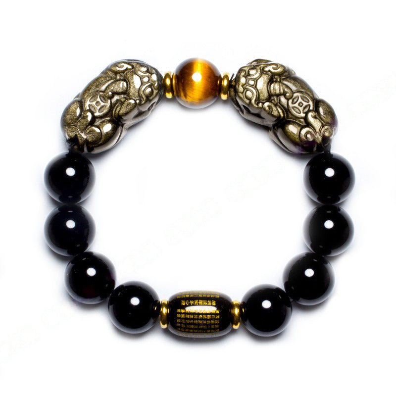 Gold Obsidian Pixiu Bracelet with glass beads for wealth attraction and energy flow, men's and women's spiritual jewelry