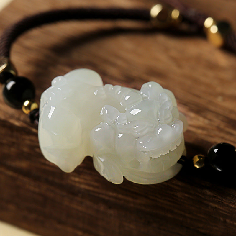 Black Obsidian stone and Nephrite Jade Pixiu charm bracelet for attracting wealth, men's and women's style