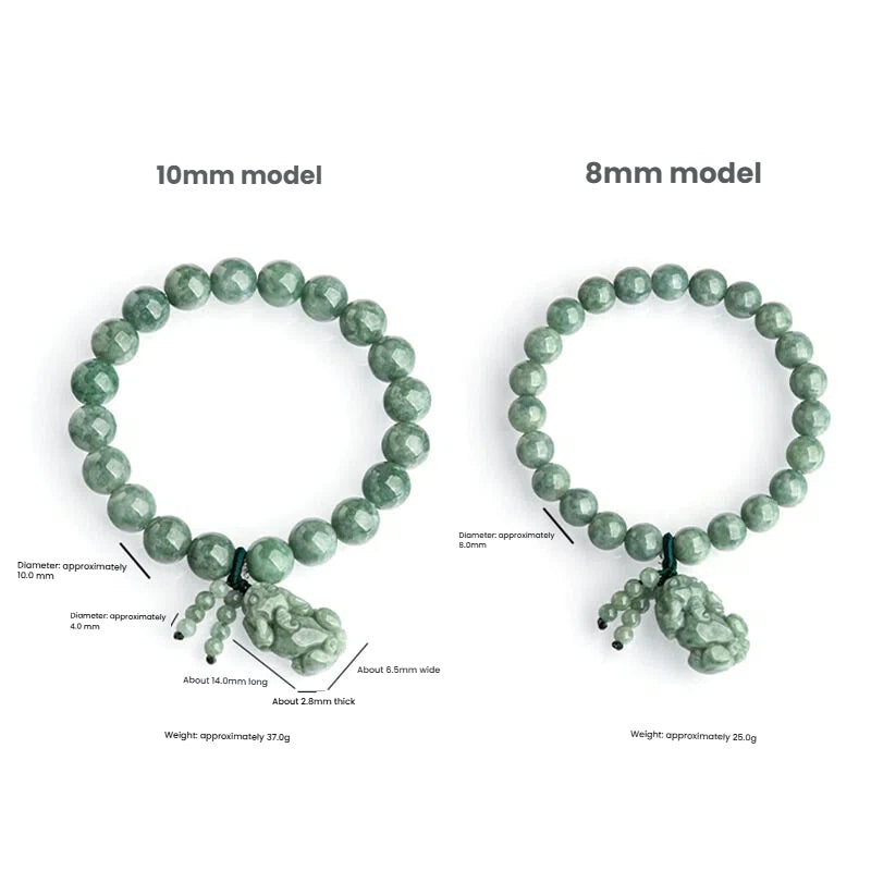 Green jadeite beaded bracelet with a Pixiu charm, a symbolic accessory for wealth manifestation and financial stability.