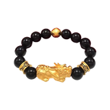 Black Obsidian Pixiu Bracelet for Wealth Manifestation, Gold Plated Pixiu Charm, Feng Shui Jewelry