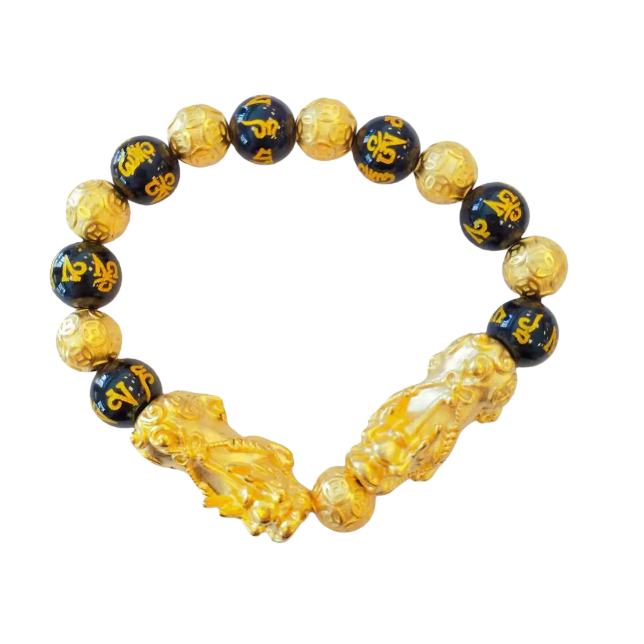 Black Obsidian and Gold Plated Pixiu Wealth Attraction Bracelet for Men and Women