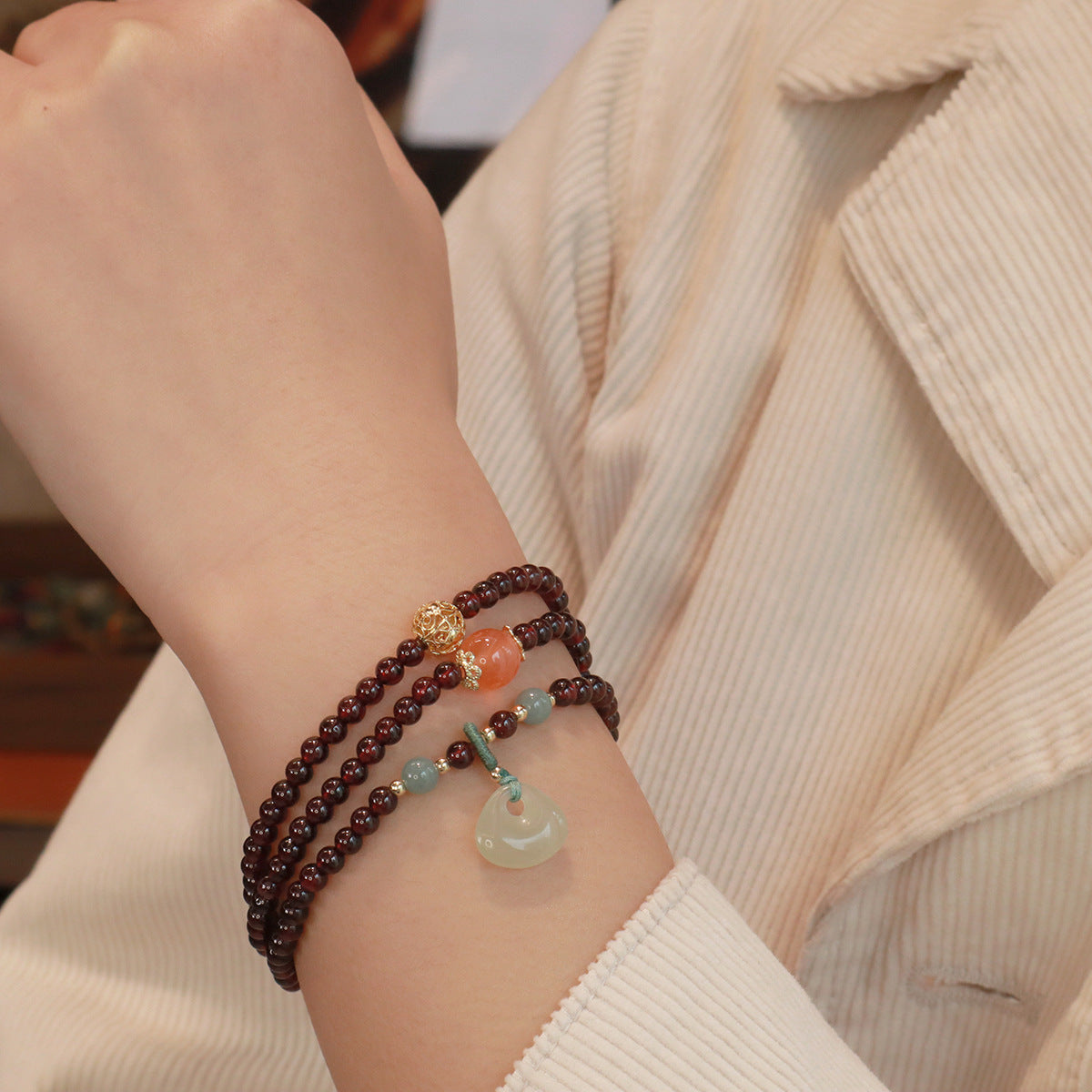 Garnet Crystal Bracelet for Love Attraction with Jadeite Pendant and Red String