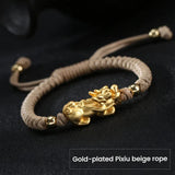 Silver Pixiu bracelet with gold plated charm for wealth attraction, beaded energy bracelet for men and women.