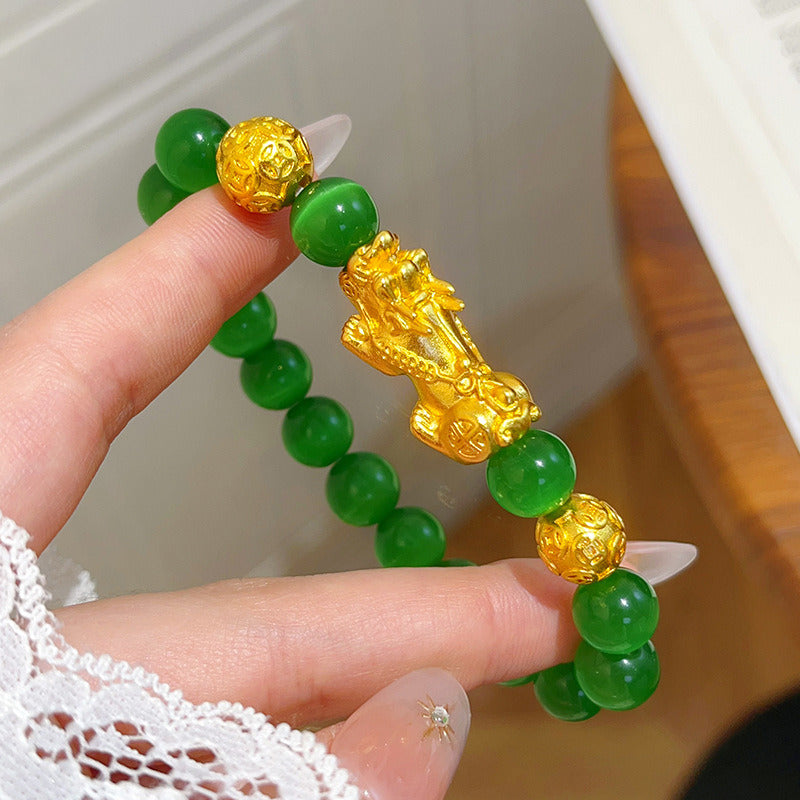 Feng Shui Wealth Bracelet Featuring Cat's Eye Crystal and Gold Pixiu Charm, Spiritual Beaded Jewelry