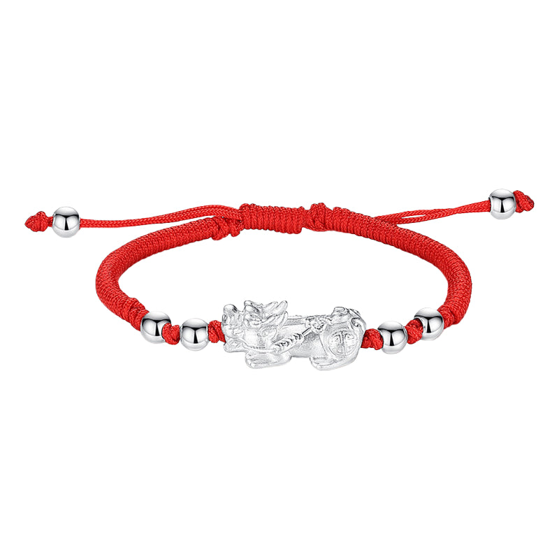 Gold plated Pixiu wealth bracelet with red string for men, featuring silver plated charm for money attraction and energy flow.